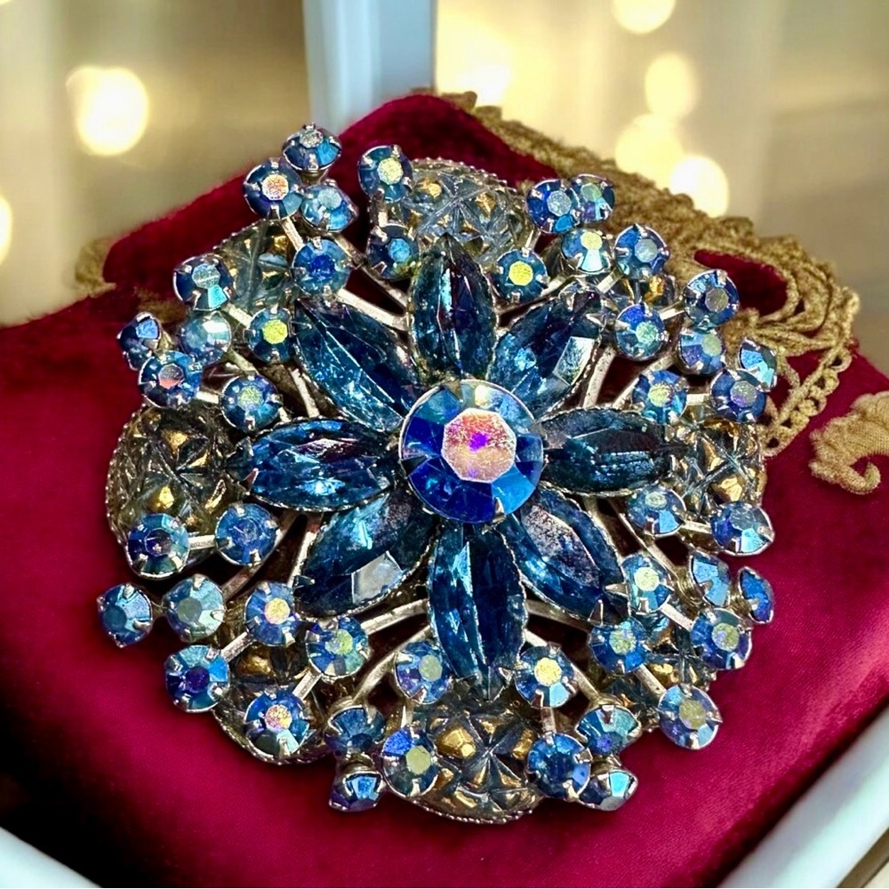 BEAU JEWELS Starburst Brooch Blue & AB Rhinestones Lava Stones Stunning